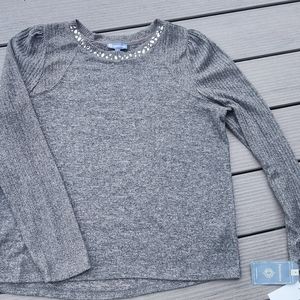 Democracy Gray Sweater with jeweled around front of neck Size L
